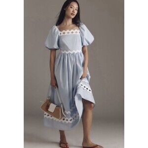 Anthropologie English Factory Rickrack Puff Sleeve Midi Dress Sz XS Blue